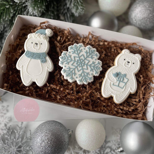 Cute Polar Bear Snowflake Christmas Bundle Cookie Cutter and Fondant Debosser Stamp