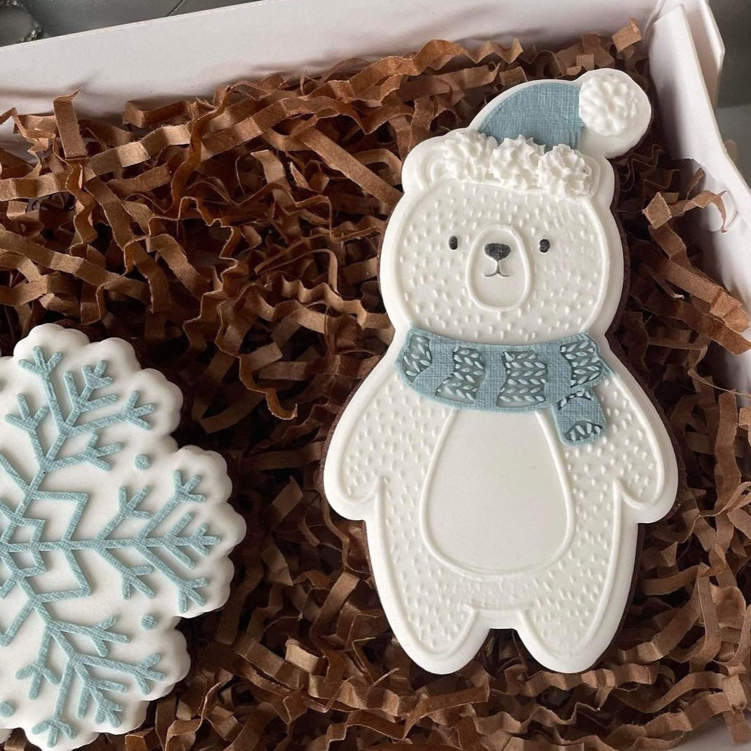 Cute Polar Bear Snowflake Christmas Bundle Cookie Cutter and Fondant Debosser Stamp